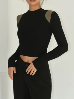 COMMENSE Shoulder Contrast Long Sleeve Shirt* Sweater Tops|T-shirts