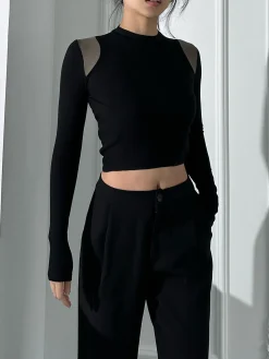 COMMENSE Shoulder Contrast Long Sleeve Shirt* Sweater Tops|T-shirts