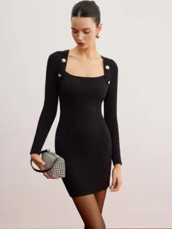COMMENSE Shrug Ribbed Slim Sweater Dress* Black Dresses|Sweater Dresses
