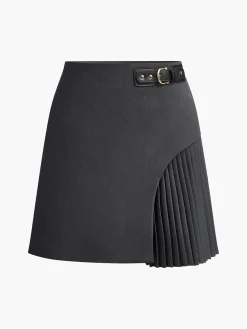 COMMENSE Side Pleated Buckle Belted Skirt* Skirts|Bottoms