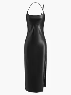 COMMENSE Side Split PU Leather Cami Dress* Black Dresses|Casual Dresses
