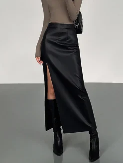 COMMENSE Side Split PU Leather Midi Skirt* Skirts|Bottoms
