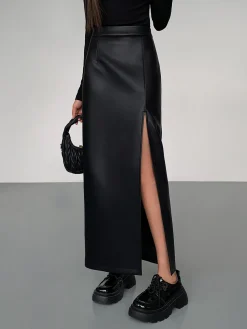 COMMENSE Side Split PU Leather Midi Skirt* Skirts|Bottoms