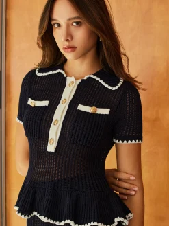 COMMENSE Sim-Sheer Ruffle Lapel Button Knit Top* Sweater Tops|Sweaters & Cardigans