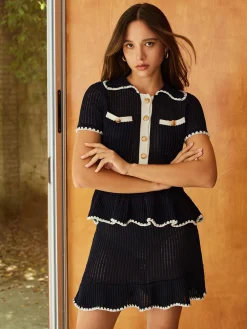 COMMENSE Sim-Sheer Ruffle Lapel Button Knit Top* Sweater Tops|Sweaters & Cardigans