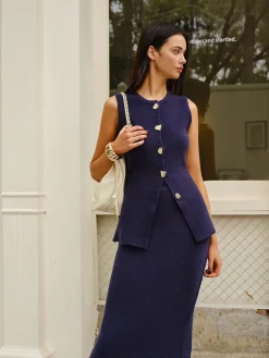 COMMENSE Sleeveless Button Jersey Skirt Set* Skirt Sets|Long Sleeve Sets