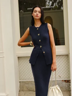 COMMENSE Sleeveless Button Jersey Skirt Set* Skirt Sets|Long Sleeve Sets