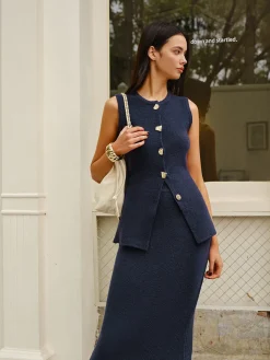 COMMENSE Sleeveless Button Jersey Skirt Set* Skirt Sets|Long Sleeve Sets