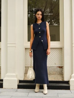 COMMENSE Sleeveless Button Jersey Skirt Set* Skirt Sets|Long Sleeve Sets