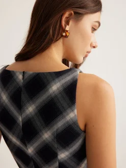 COMMENSE Sleeveless Checked Zipper Dress* Black Dresses|Casual Dresses
