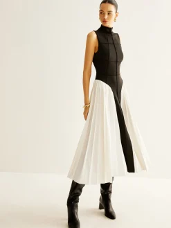 COMMENSE Sleeveless Color Block Pleated Dress* Black Dresses|Casual Dresses