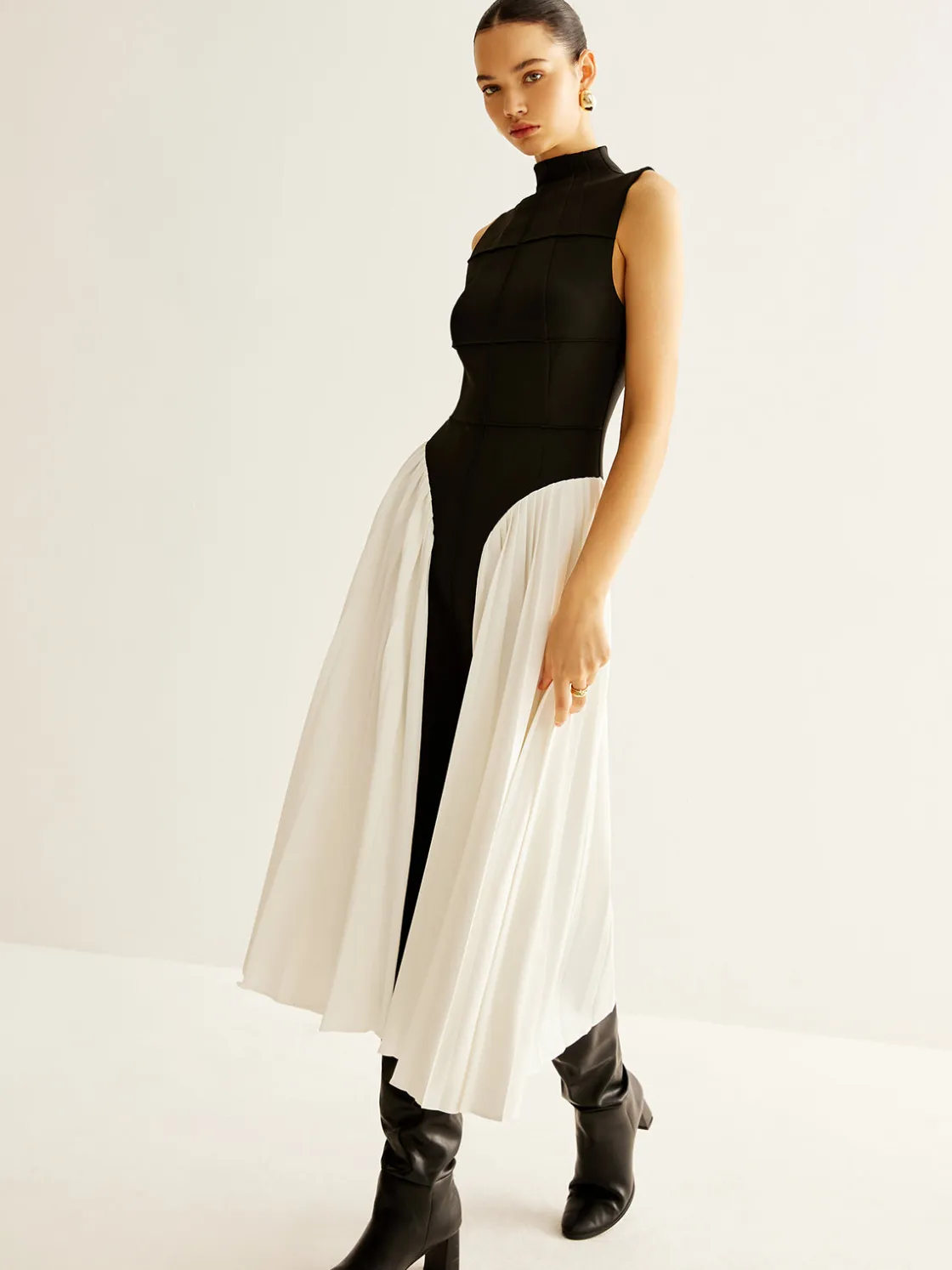 COMMENSE Sleeveless Color Block Pleated Dress* Black Dresses|Casual Dresses