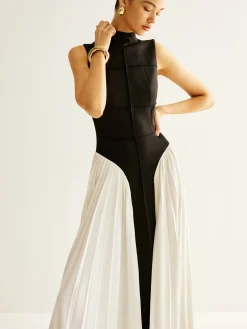 COMMENSE Sleeveless Color Block Pleated Dress* Black Dresses|Casual Dresses