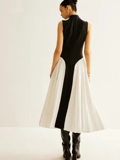 COMMENSE Sleeveless Color Block Pleated Dress* Black Dresses|Casual Dresses