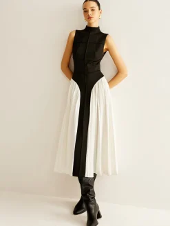 COMMENSE Sleeveless Color Block Pleated Dress* Black Dresses|Casual Dresses