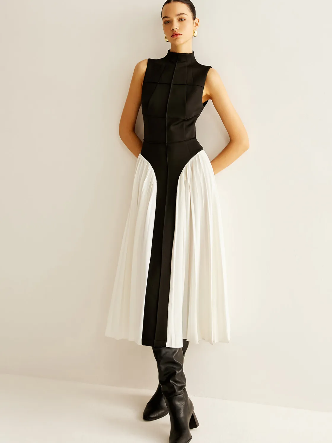COMMENSE Sleeveless Color Block Pleated Dress* Black Dresses|Casual Dresses