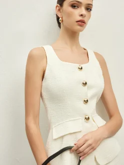 COMMENSE Sleeveless Golden Button A Line Skirt Set* Skirt Sets|Long Sleeve Sets