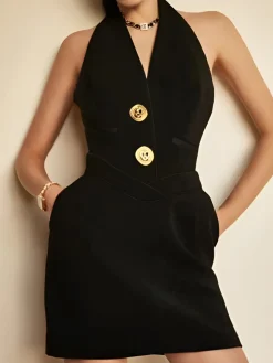 COMMENSE Sleeveless Halter V Neck Dress With Gold Buttons* Black Dresses|Work Dresses