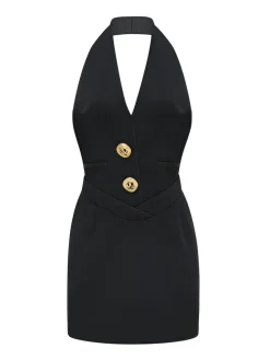 COMMENSE Sleeveless Halter V Neck Dress With Gold Buttons* Black Dresses|Work Dresses