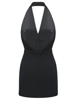 COMMENSE Sleeveless Halter V Neck Dress With Gold Buttons* Black Dresses|Work Dresses