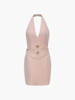 COMMENSE Sleeveless Halter V Neck Dress With Gold Buttons* Black Dresses|Work Dresses