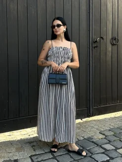 COMMENSE Sleeveless Pinstripe Long Dress* White Dresses|Casual Dresses