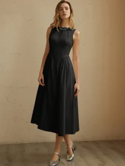 COMMENSE Sleeveless Pockets Pleated Midi Dress* White Dresses|Black Dresses