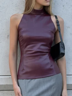 COMMENSE Sleeveless PU Leather Skinny Blouse* Blouses & Shirts|Tops