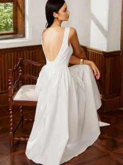 COMMENSE Sleeveless Square Neck Backless Midi Dress* White Dresses|Casual Dresses