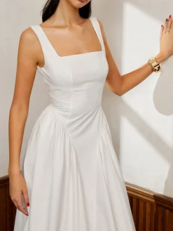 COMMENSE Sleeveless Square Neck Backless Midi Dress* White Dresses|Casual Dresses