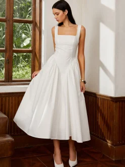 COMMENSE Sleeveless Square Neck Backless Midi Dress* White Dresses|Casual Dresses