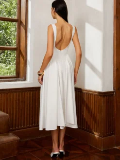 COMMENSE Sleeveless Square Neck Backless Midi Dress* White Dresses|Casual Dresses