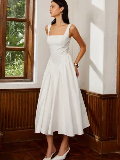 COMMENSE Sleeveless Square Neck Backless Midi Dress* White Dresses|Casual Dresses