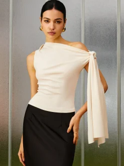 COMMENSE Slim Fit Asymmetrical Cold Shoulder Knotted Tank Top* Tank Tops & Camis|Tops