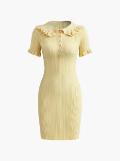 COMMENSE Slim Fit Collar Knit Short Dress with Metal Button* Casual Dresses|Summer Dresses