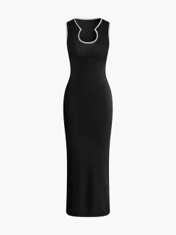 COMMENSE Slim Fit Contrast Binding Sweater Dress* Black Dresses|Sweater Dresses