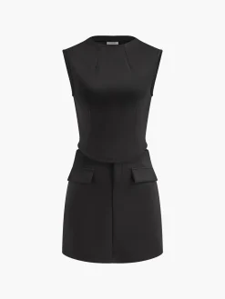 COMMENSE Slim Sleeveless Pockets Skirt Set* Skirt Sets|Long Sleeve Sets
