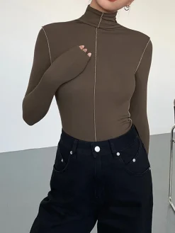 COMMENSE Slinky Turtleneck Contrast Trim Ribbed Knit Shirt* T-shirts|Knitwear