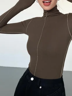 COMMENSE Slinky Turtleneck Contrast Trim Ribbed Knit Shirt* T-shirts|Knitwear