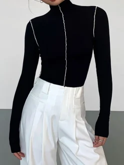 COMMENSE Slinky Turtleneck Contrast Trim Ribbed Knit Shirt* T-shirts|Knitwear