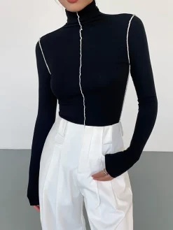 COMMENSE Slinky Turtleneck Contrast Trim Ribbed Knit Shirt* T-shirts|Knitwear