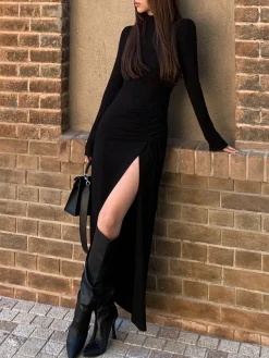 COMMENSE Slit Pleated Long Sleeve Bodycon Mock Neck Long Dress* Black Dresses|Casual Dresses