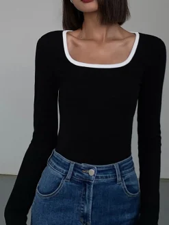 COMMENSE Sliver Lining Contrast Neckline Long Sleeve Top* Sweater Tops|T-shirts