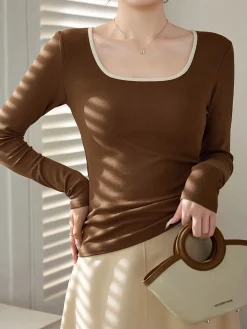 COMMENSE Sliver Lining Contrast Neckline Long Sleeve Top* Sweater Tops|T-shirts