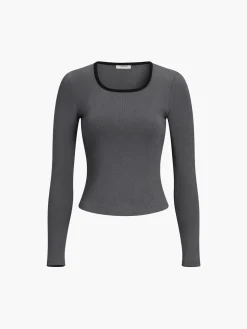 COMMENSE Sliver Lining Contrast Neckline Long Sleeve Top* Sweater Tops|T-shirts