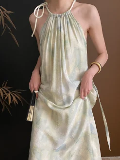 COMMENSE Soft Pastel Print Halter Belted Midi Dress* Casual Dresses|Vacation Dresses
