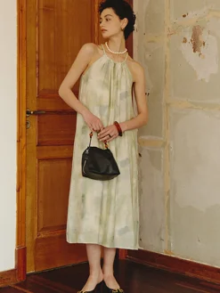 COMMENSE Soft Pastel Print Halter Belted Midi Dress* Casual Dresses|Vacation Dresses