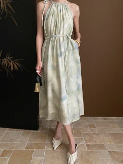 COMMENSE Soft Pastel Print Halter Belted Midi Dress* Casual Dresses|Vacation Dresses