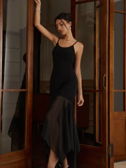COMMENSE Solid Asymmetrical Hem Cami Long Dress* Black Dresses|Casual Dresses