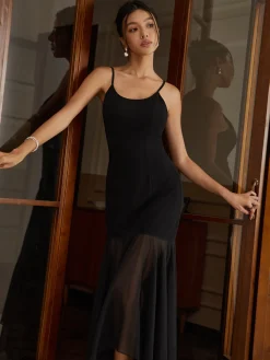 COMMENSE Solid Asymmetrical Hem Cami Long Dress* Black Dresses|Casual Dresses